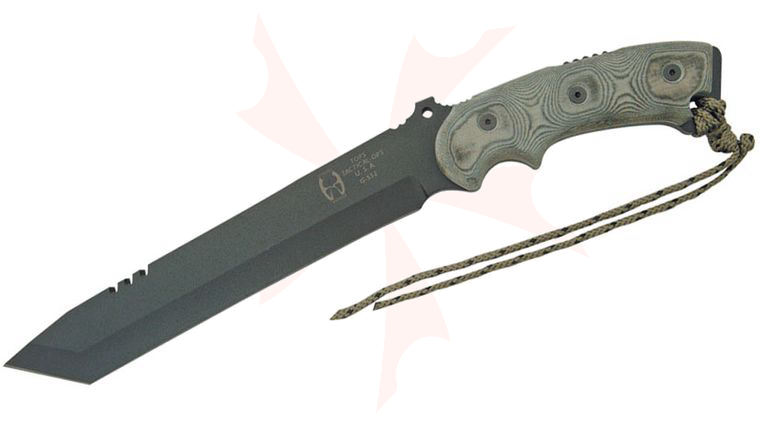 TOPS Knives Anaconda Woodmaster Fixed Blade 9.5 inch 1095 Carbon Black Tanto Blade, Black Linen Micarta Handles, Nylon Sheath