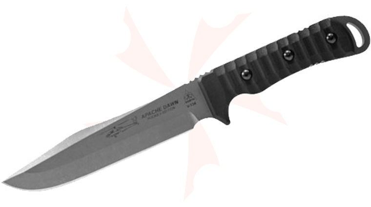 TOPS Knives Apache Dawn Rockies Edition Fixed 6.75 inch 1095 Carbon Blade, Milled Black G10 Handles, Olive Drab Nylon Sheath
