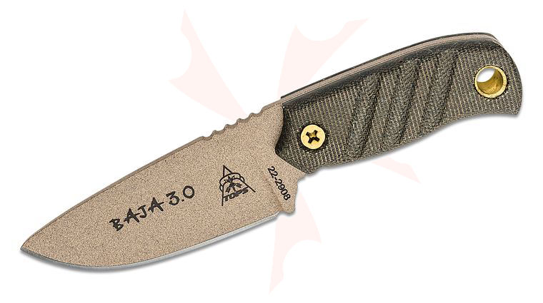 TOPS Knives Baja 3.0 Fixed Blade Knife 3 inch Coyote Tan 1095 Drop Point Blade, Green Canvas Micarta Handles, Brown Leather Sheath