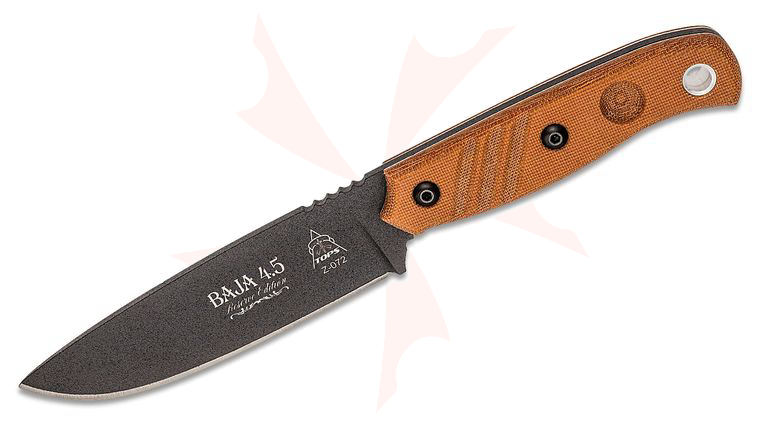 TOPS Knives Baja 4.5 Reserve Edition Fixed Blade Knife 4.88 inch Black Traction 1095 Drop Point, Tan Canvas Micarta Handles, Brown Leather Sheath