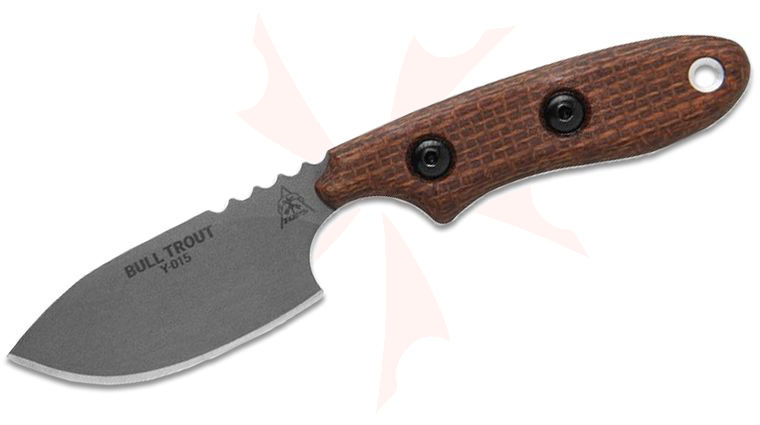 TOPS Knives Bull Trout Fixed Blade Knife 2.75 inch 154CM Stonewashed Blade, Brown Burlap Micarta Handles