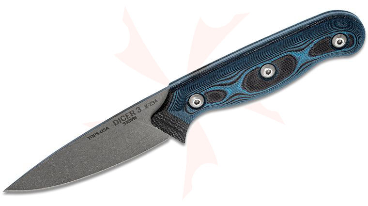TOPS Knives Dicer 3 Paring Knife 3.5 inch CPM-S35VN Tumble Finished Blade, Black Micarta & Blue/Black G10 Handles, Black Kydex Sheath