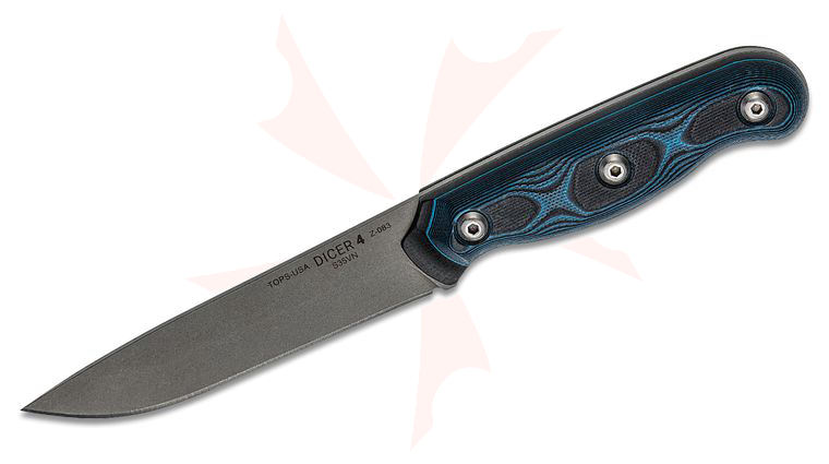 TOPS Knives Dicer 4 Steak Knife 4.38 inch CPM-S35VN Tumbled Blade, Black Micarta & Blue/Black G10 Handles, Black Kydex Sheath