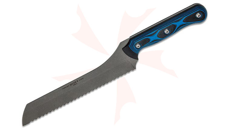 TOPS Knives Dicer 7 Bread Knife 7.63 inch CPM-S35VN Tumbled Blade, Black Micarta & Blue/Black G10 Handles, Black Kydex Sheath