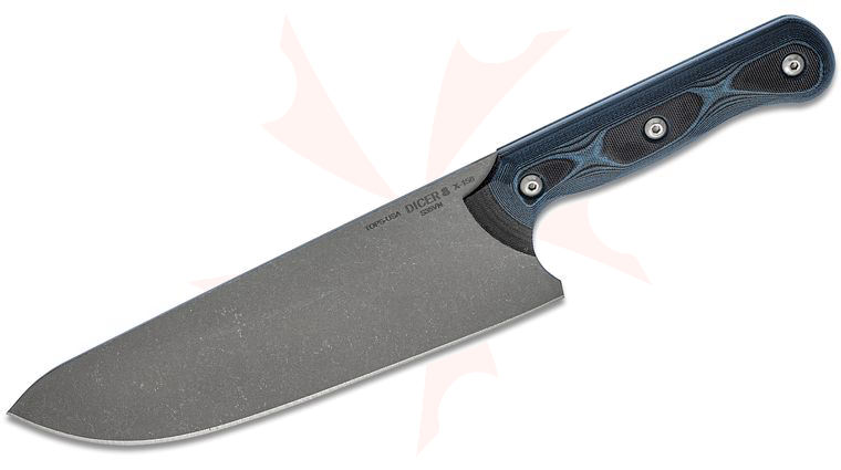 TOPS Knives Dicer 8 Chef's Knife 7.75 inch CPM-S35VN Tumble Finished Blade, Black Micarta & Blue/Black G10 Handles, Black Kydex Sheath