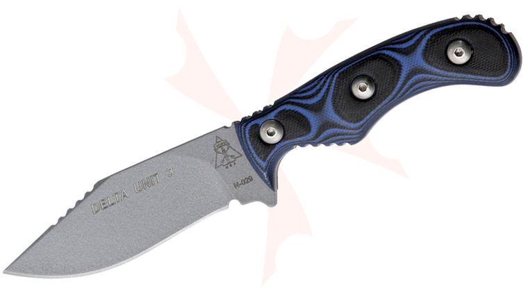 TOPS Knives DEUT-03 Delta Unit 3 3 inch 1095 Drop Point Blade, Blue/Black G10 Handles, Kydex Sheath