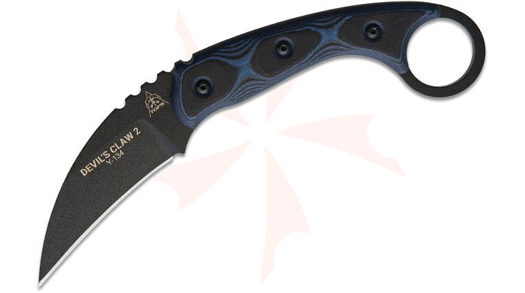 TOPS Knives Devil's Claw 2 Fixed Karambit 3.13 inch Black Traction Coated Hawkbill, Blue/Black G10 Handles