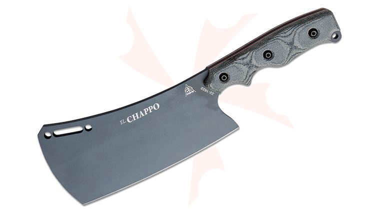 TOPS Knives El Chappo Cleaver Fixed Blade Knife 6 inch 1095 Carbon Steel Sniper Gray Cleaver Blade, Black Micarta Handles, Kydex Edge Guard