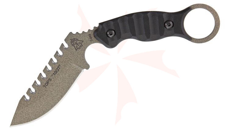 TOPS Knives 10/27 Fixed 3.5 inch Carbon Steel Sawback Blade, Black G10 Handles, Kydex Sheath