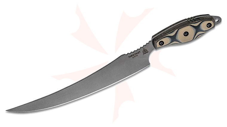 TOPS Knives Filet (Fillet) Knife 8 inch 154CM Tumbled Blade, Black and Tan G10 Handles, OD Green Kydex Sheath