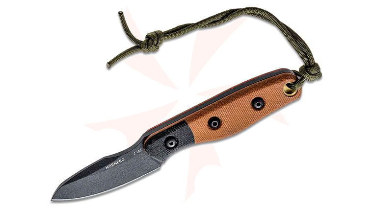 TOPS Knives Hornero Fixed Blade Knife 3 inch 1095 Black Sheepsfoot, Tan/Black Canvas Micarta Handles, Black Kydex Sheath