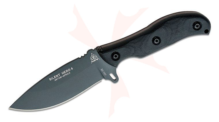 TOPS Knives Silent Hero 4 Fixed Blade Knife 4.25 inch Black Drop Point Blade, Black Canvas Micarta Handles, Black Kydex Sheath