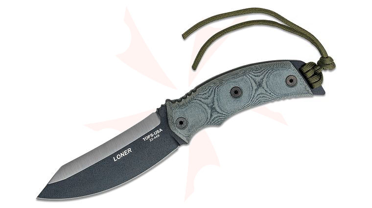 TOPS Knives Jerry VanCook Loner 4.63 inch 1095 Black Blade with Sharpened Spine, Black Linen Micarta Handles, Black Kydex Sheath