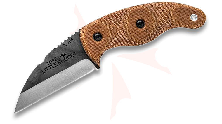 TOPS Knives Lil Bugger Fixed Blade Knife 2.38 inch 1095 Stonewashed Wharncliffe, Tan Canvas Micarta Handles, Kydex Sheath