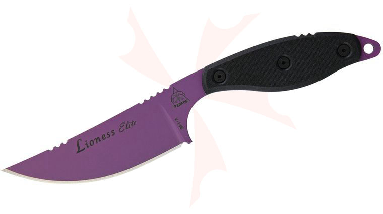 TOPS Knives Lioness Elite Fixed 4.13 inch Purple 1095 Blade, Black G10 Handles, Kydex Sheath