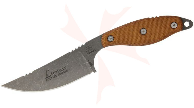 TOPS Knives Lioness Rockies Edition Fixed 4.13 inch Stonewashed 1095 Blade, Tan Canvas Micarta Handles, Kydex Sheath