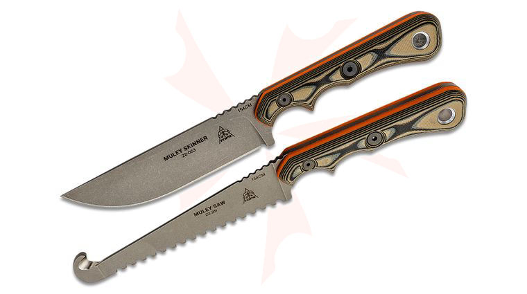 TOPS Knives Muley Skinner/Saw Fixed Blade Combo Set, 154CM Tumbled Blades, Tan/Black G10 Handles with Orange G10 Liners, Leather Sheath