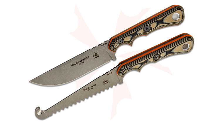 TOPS Knives Muley Skinner/Saw Fixed Blade Combo Set, 154CM Tumbled Blades, Tan/Black G10 Handles with Orange G10 Liners, Kydex Sheaths