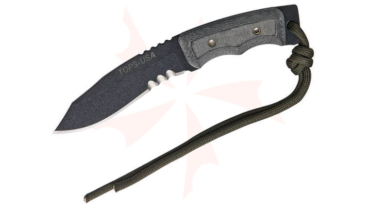 TOPS Knives Mini Eagle Fixed 3 inch 1095 Carbon Drop Point Combo Blade, Black Linen Micarta Handle, Kydex Sheath