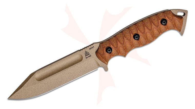TOPS Knives M-PAT Fixed Blade 4.88 inch 1095 Coyote Tan Clip Point Blade, 3D Tan Canvas Micarta Handles with Black G10 Liners, Kydex Sheath