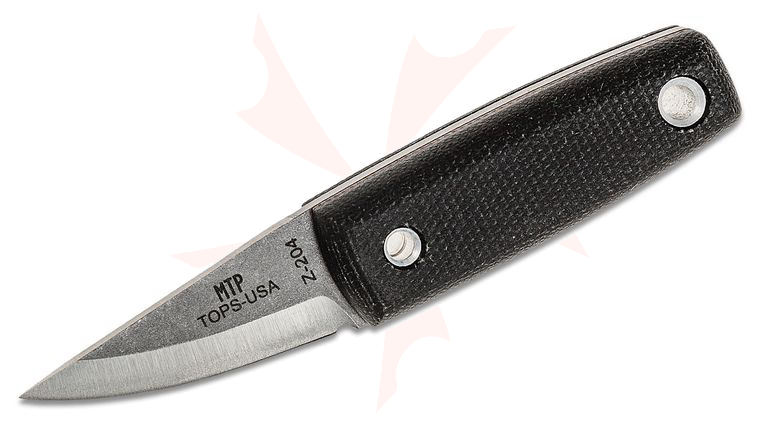 TOPS Knives Mini Tanimboca Puukko Fixed Blade Knife 1.63 inch 1095 Tumbled Drop Point, Black Micarta Handles, Brown Leather Sheath