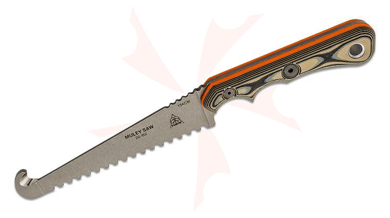 TOPS Knives Muley Saw Fixed Blade 4.875 inch 154CM Tumbled Saw Blade with Guthook, Tan/Black G10 Handles with Orange G10 Liners, Kydex Sheath