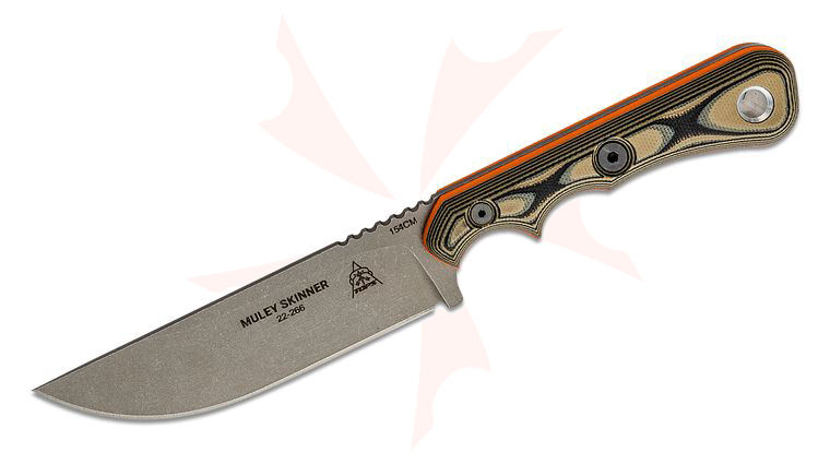 TOPS Knives Muley Skinner Fixed Blade 4.44 inch 154CM Tumbled Skinner Blade, Tan/Black G10 Handles with Orange G10 Liners, Kydex Sheath