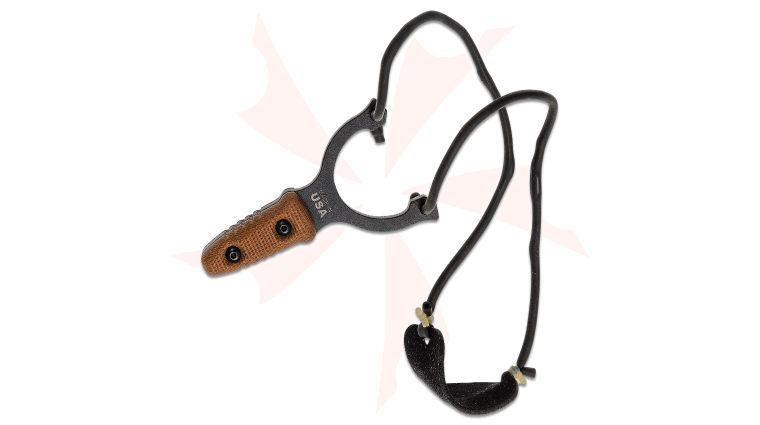 TOPS Knives Mini Sling Slingshot, Tan Canvas Micarta Handle, Brown Leather Sheath