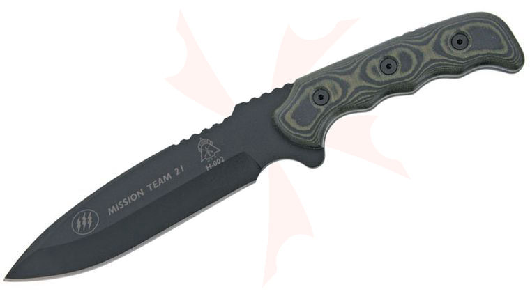 TOPS Knives Steel Mission Team 21 Fixed 6-3/4 inch 1095 Carbon Blade, Black/Green Micarta Handles, Nylon Sheath