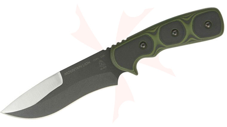 TOPS Knives MTLN-01 Mountain Lion Fixed 5.5 inch 1095 Carbon Black Drop Point Blade, Black/Green G10 Handles, Nylon Sheath