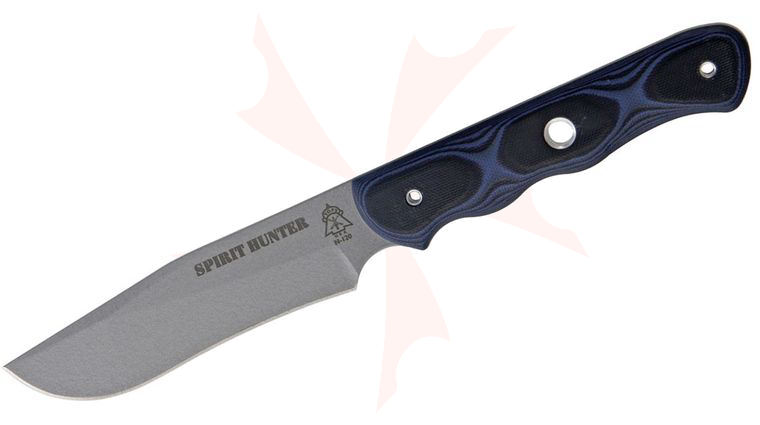 TOPS Knives Spirit Hunter Fixed 4.25 inch 154CM Plain Blade, Blue/Black G10 Handles, Leather Sheath