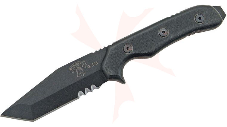 TOPS Knives Sky Marshall Fixed 4.375 inch Black Tanto Combo Blade, G10 Handles, Kydex Sheath