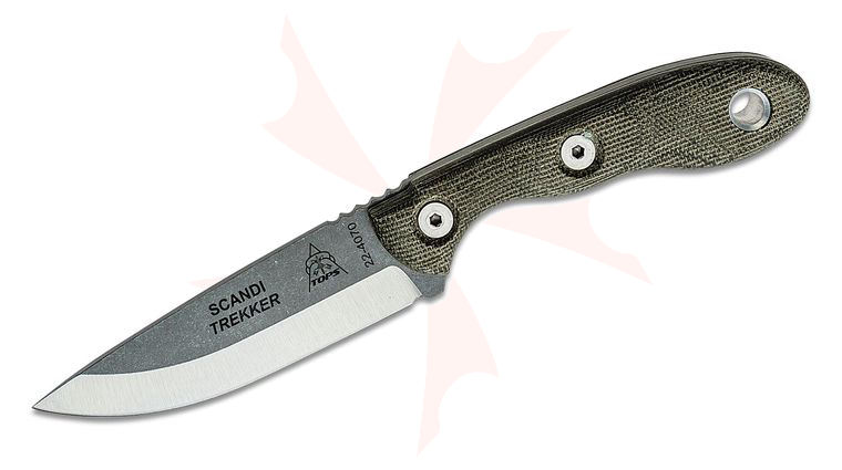TOPS Knives Scandi Trekker Fixed 3-5/8 inch 1095 Blade, Green Canvas Micarta Handles, Leather Sheath