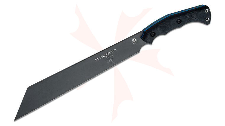 TOPS Knives Storm Vector Seax Knife 12.63 inch 1095 Sniper Gray Blade, Black Canvas Micarta Handles with Blue G10 Liners, Black Kydex Sheath