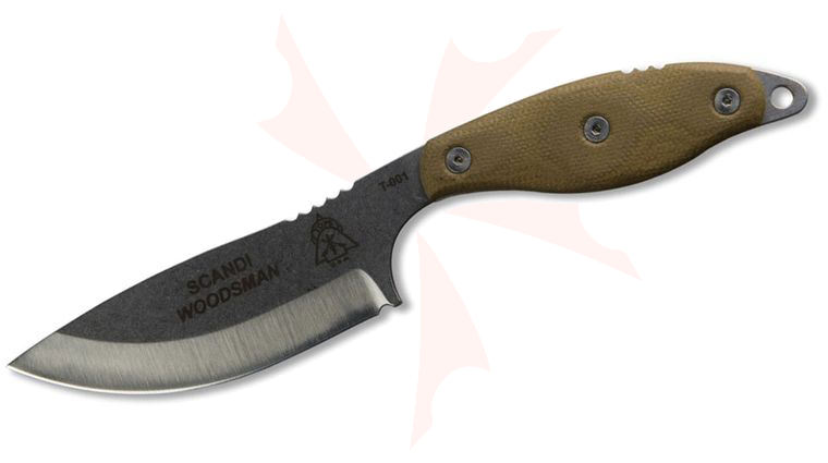 TOPS Knives Scandi Woodsman Fixed 3-1/2 inch 1095 Blade, Green Canvas Micarta Handles, Leather Sheath (SWOOD-3.5)