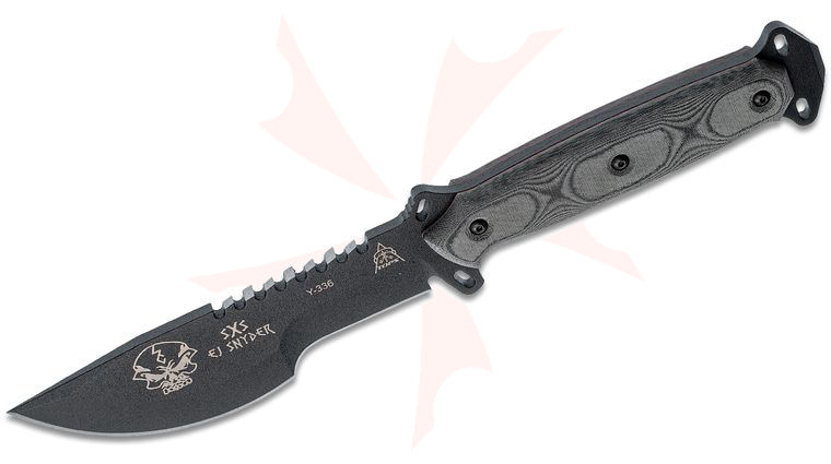TOPS Knives Skullcrusher's X-treme Sidekick Fixed Blade Knife 5.25 inch Black 1095 Sawback Blade, Black Linen Micarta Handles, Kydex Sheath