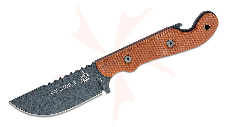 TOPS Knives Pit Stop 3 Fixed Blade Knife 3 inch 1095 Black Drop Point, Tan Micarta Handles, Kydex Sheath