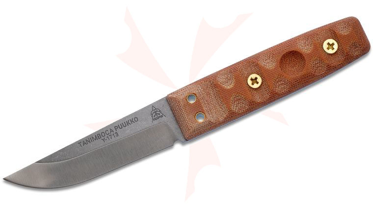 TOPS Knives Tanimboca Puukko Knife Fixed 3.63 inch Blade, Tan Canvas Micarta Rocky Mountain Tread Handles, Leather Sheath