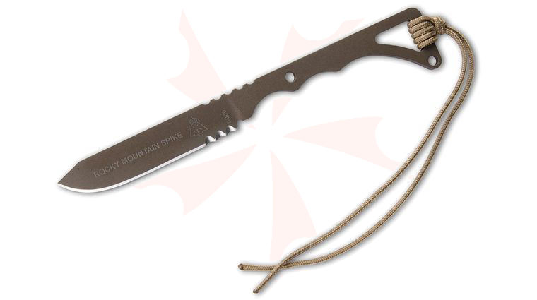 TOPS Knives Rocky Mountain Spike 3.5 inch Sandstorm Bronze 1095 Combo Blade, Black Leather Sheath
