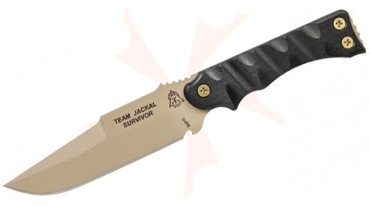TOPS Knives TMJK-5S Team Jackal Survivor Fixed 5 inch 1095 Carbon Steel Blade, Black G10 Handles, Kydex Sheath