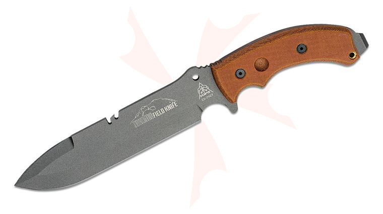 TOPS Knives Tahoma Field Knife Double Edged 8.38 inch 1095 Carbon Tungsten Cerakote Blade, Tan Canvas Micarta Handles, Nylon Sheath