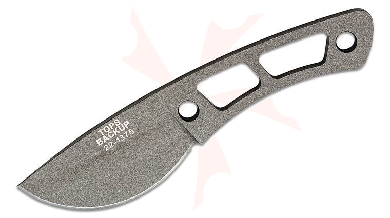 TOPS Knives Backup Fixed Neck Knife 2.38 inch 1095 Tungsten Cerakote Blade and Skeletonized Handle, Black Kydex Sheath