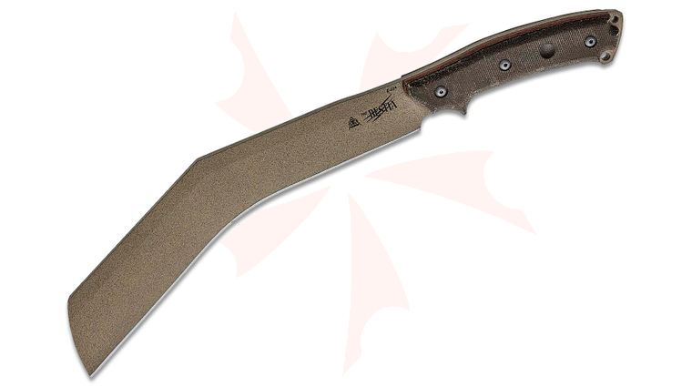 TOPS Knives The Bestia Fixed Blade Knife 13 inch 1095 Tan Modified Kukri Blade, Tan/Green Canvas Micarta Handles, Kydex Sheath