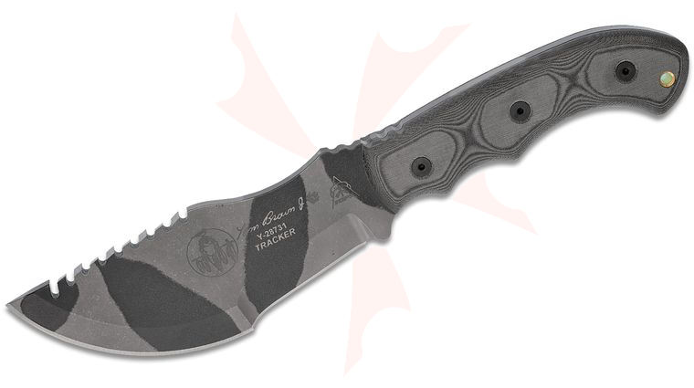 TOPS Knives Tom Brown Tracker #1 Fixed 6.38 inch Black/Gray Camo Carbon Steel Blade, Black Linen Micarta Handles