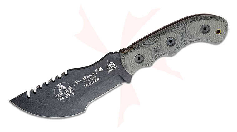 TOPS Knives Tom Brown Tracker #2 Fixed Blade Knife 5 inch Black 1095 Sawback, Black Micarta Handles and Kydex Sheath