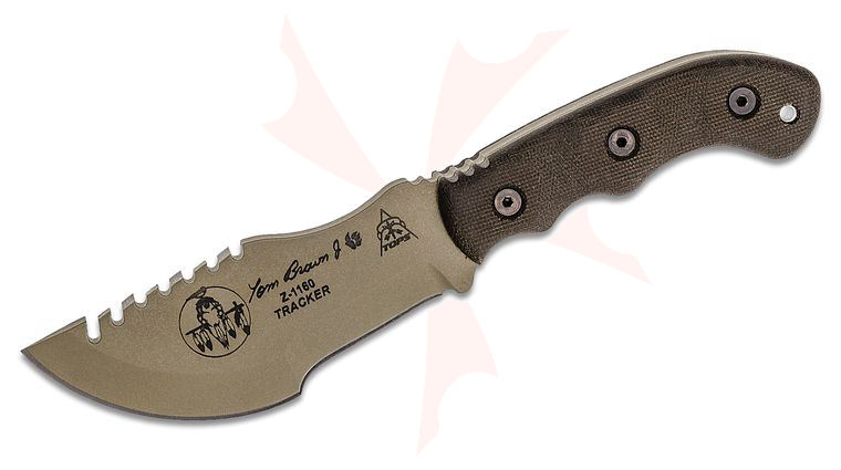 TOPS Knives Tom Brown Tracker #2 Fixed Blade Knife 5 inch Coyote Tan 1095 Sawback Blade, Green Canvas Micarta Handles, Kydex Sheath
