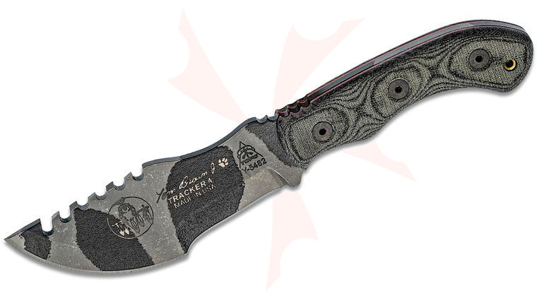 TOPS Knives Mini Tom Brown Tracker #4 Fixed Blade Knife 3.5 inch Camo 1095 Sawback, Black Micarta Handles and Kydex Sheath