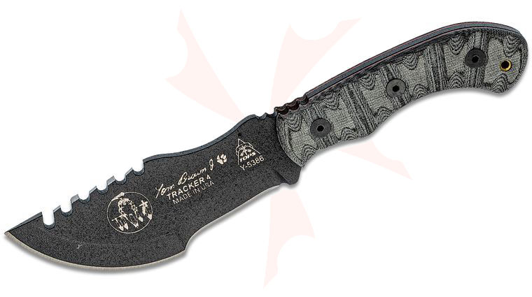 TOPS Knives Mini Tom Brown Tracker #4 Fixed Blade Knife 3.5 inch Black 1095 Sawback, Rocky Mountain Tread Micarta Handles, Black Kydex Sheath