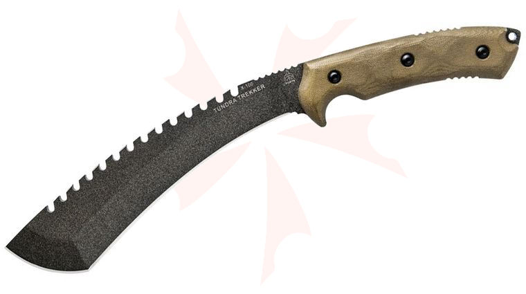 TOPS Knives Tundra Trekker Fixed Blade Knife 9 inch Sawback Kukri, Green Canvas Micarta Handles, Kydex Sheath