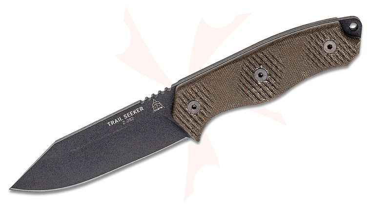 TOPS Knives Trail Seeker Fixed Blade Knife 4.5 inch 1095 Black Clip Point, Green Canvas Micarta Handles, Kydex Sheath